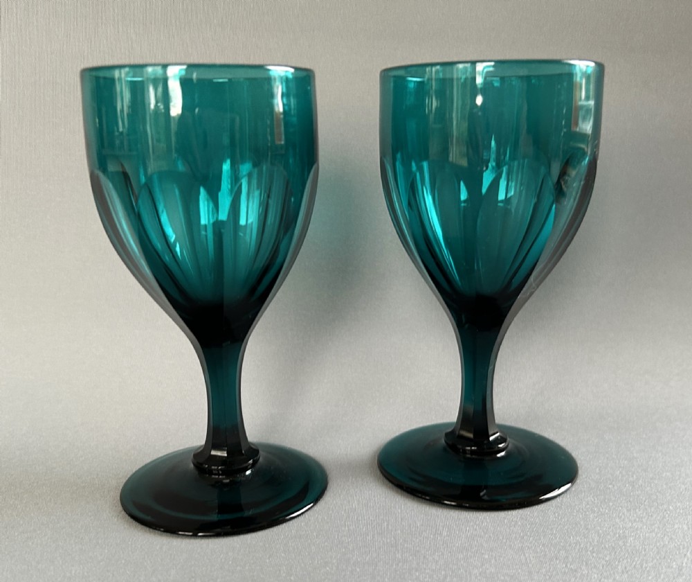 A lovely pair of Victorian aqua green wine glasses View III