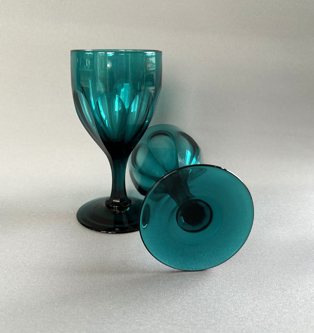 A lovely pair of Victorian aqua green wine glasses View IV