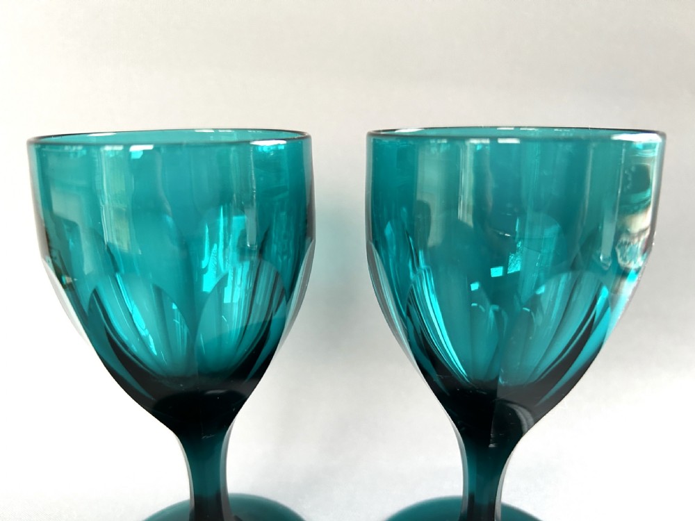 A lovely pair of Victorian aqua green wine glasses View V