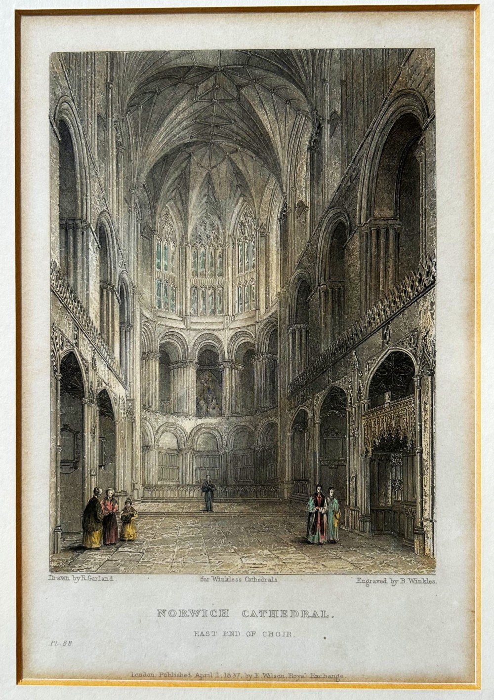 A fine hand coloured engraving of the interior of Norwich Cathedral
