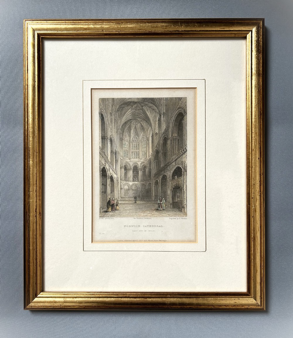 A fine hand coloured engraving of the interior of Norwich Cathedral View III