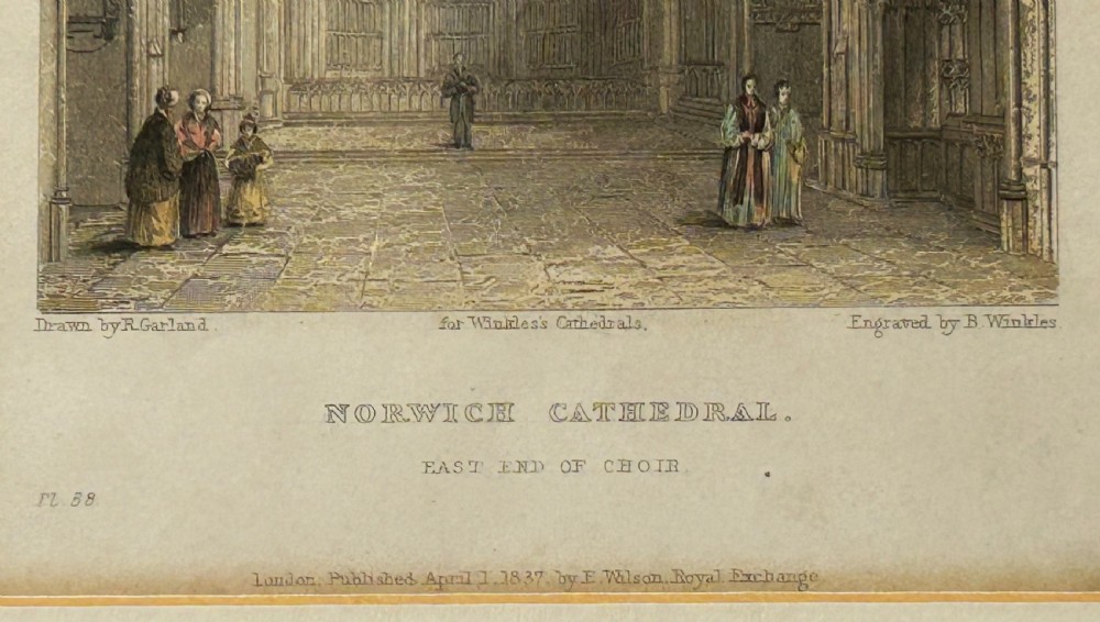 A fine hand coloured engraving of the interior of Norwich Cathedral View IV