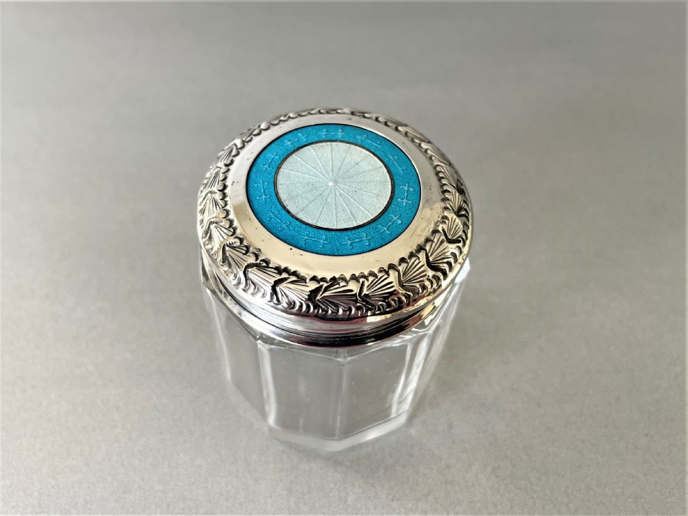 An eye catching silver & guilloche enamel lidded vanity jar View III