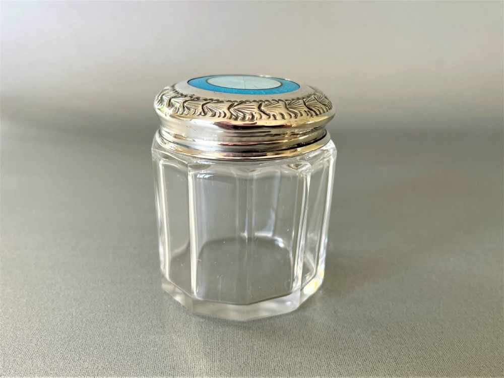 An eye catching silver & guilloche enamel lidded vanity jar View IV