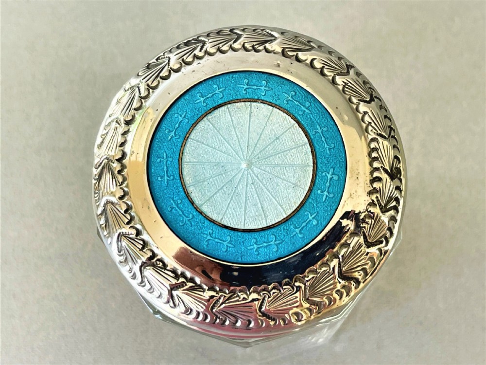 An eye catching silver & guilloche enamel lidded vanity jar View V