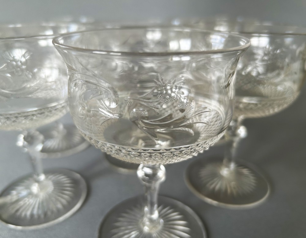 A gorgeous set of 6 Edwardian intaglio cut champagne coupes View III