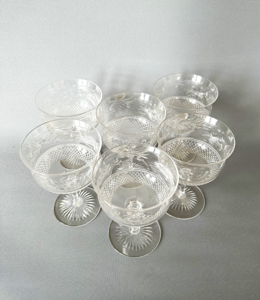 A gorgeous set of 6 Edwardian intaglio cut champagne coupes View V