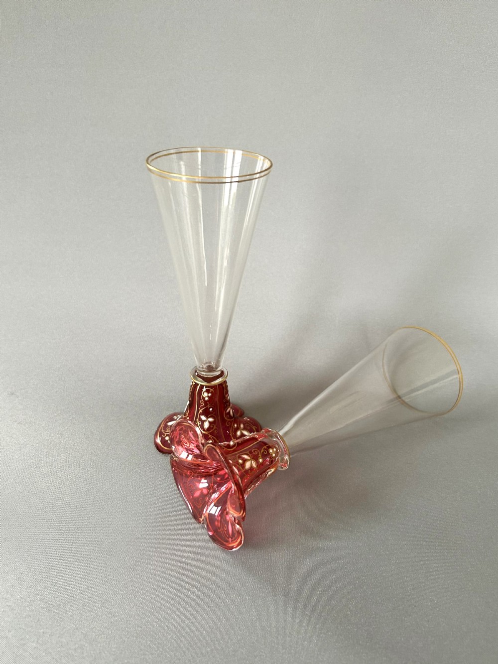 A fabulous pair of Moser enamel decorated champagne flutes View III