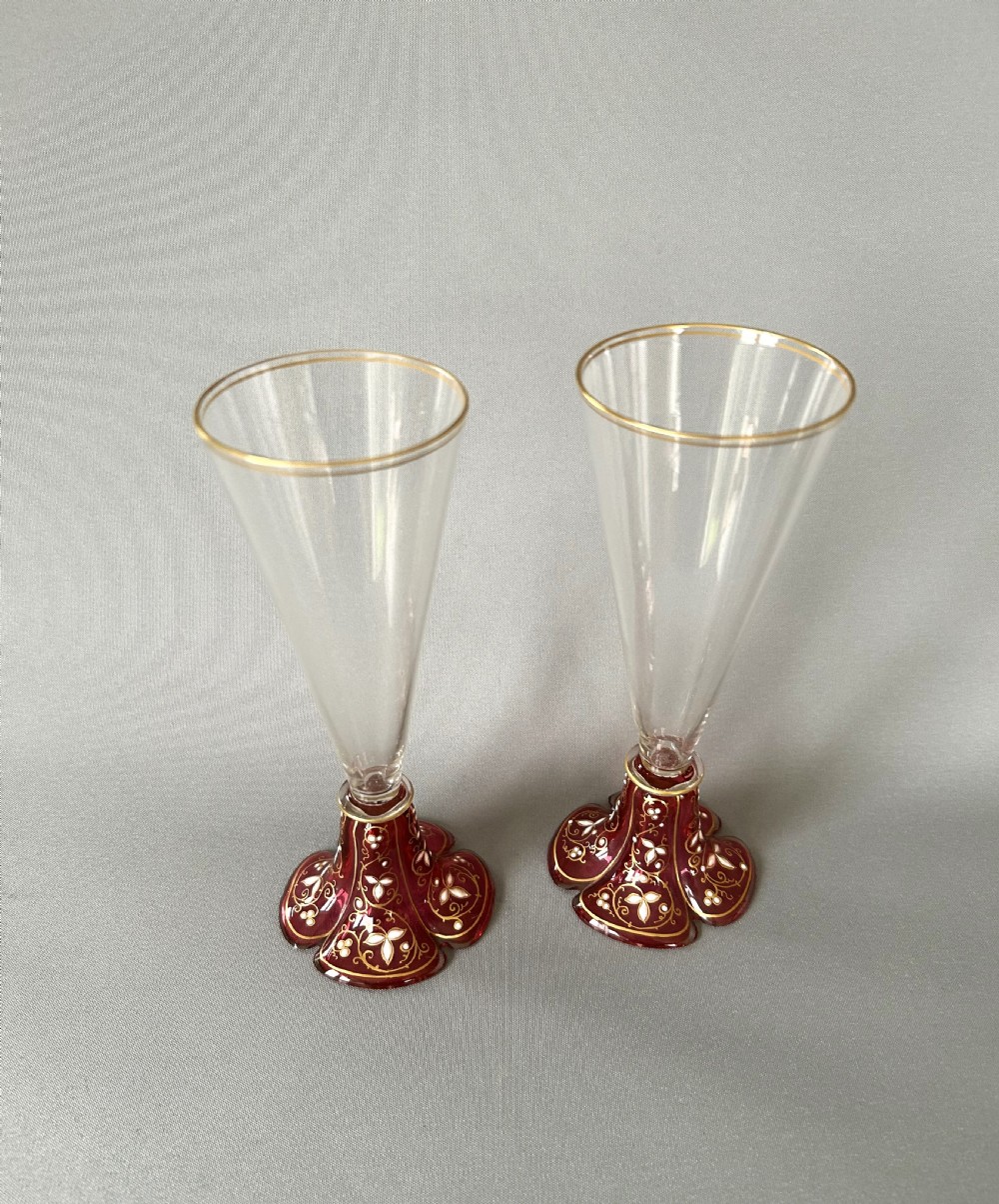 A fabulous pair of Moser enamel decorated champagne flutes View IV
