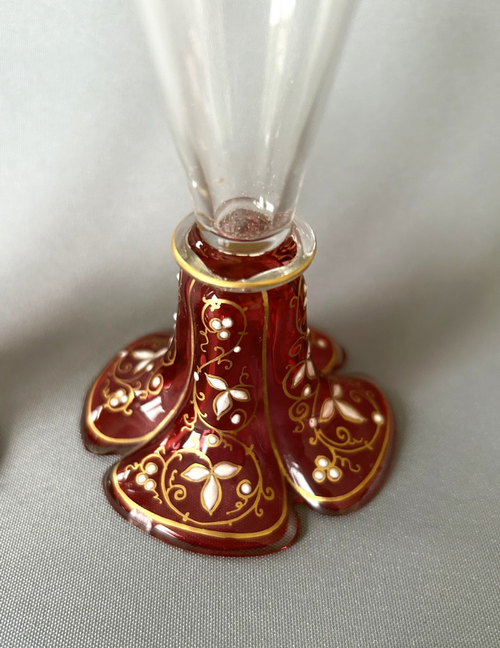 A fabulous pair of Moser enamel decorated champagne flutes View V