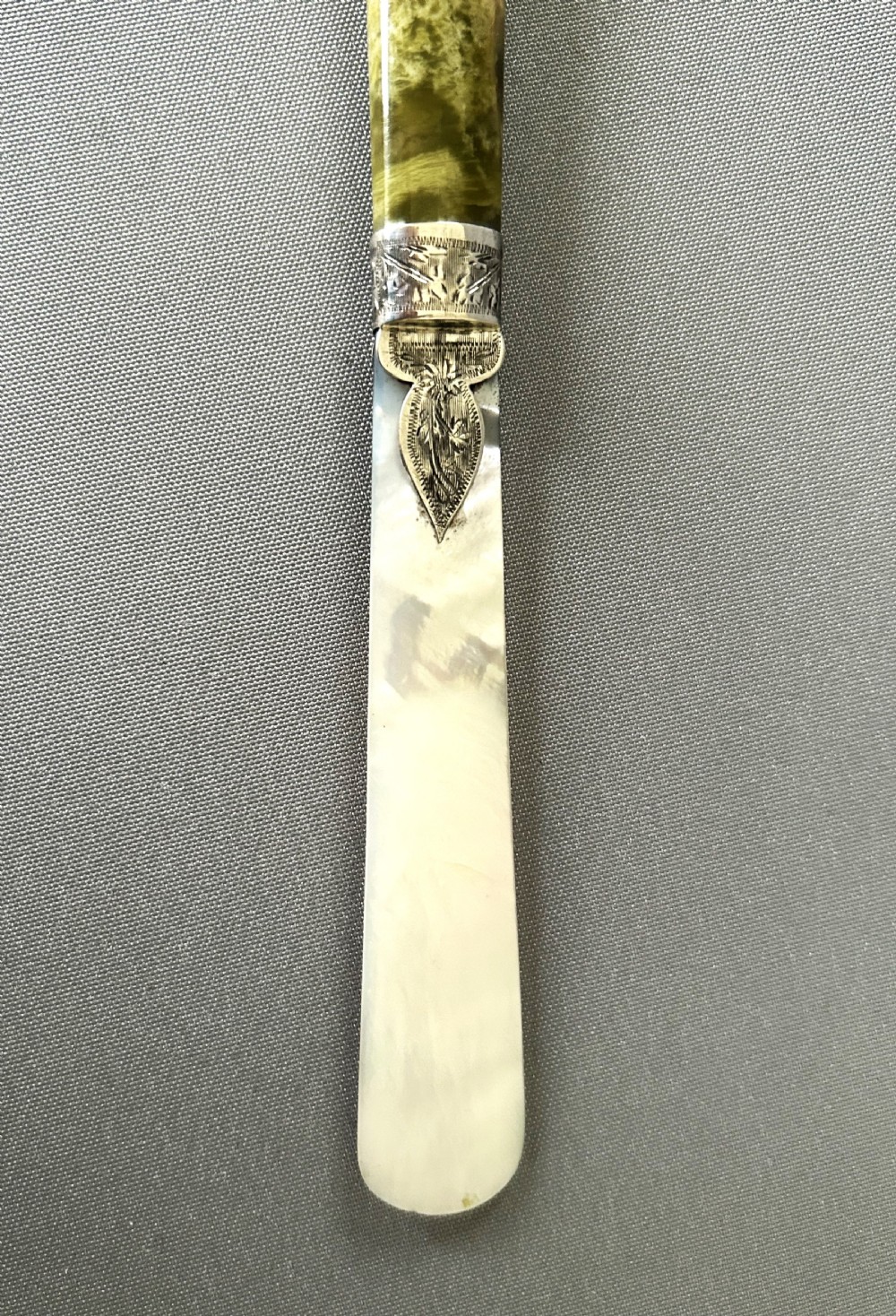 A stunning silver mounted agate & mother-of-pearl letter opener View II
