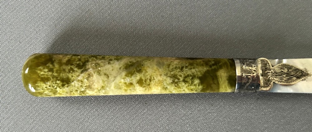A stunning silver mounted agate & mother-of-pearl letter opener View III