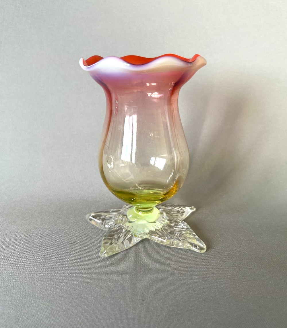 An Art Nouveau vaseline & uranium glass posy vase View III