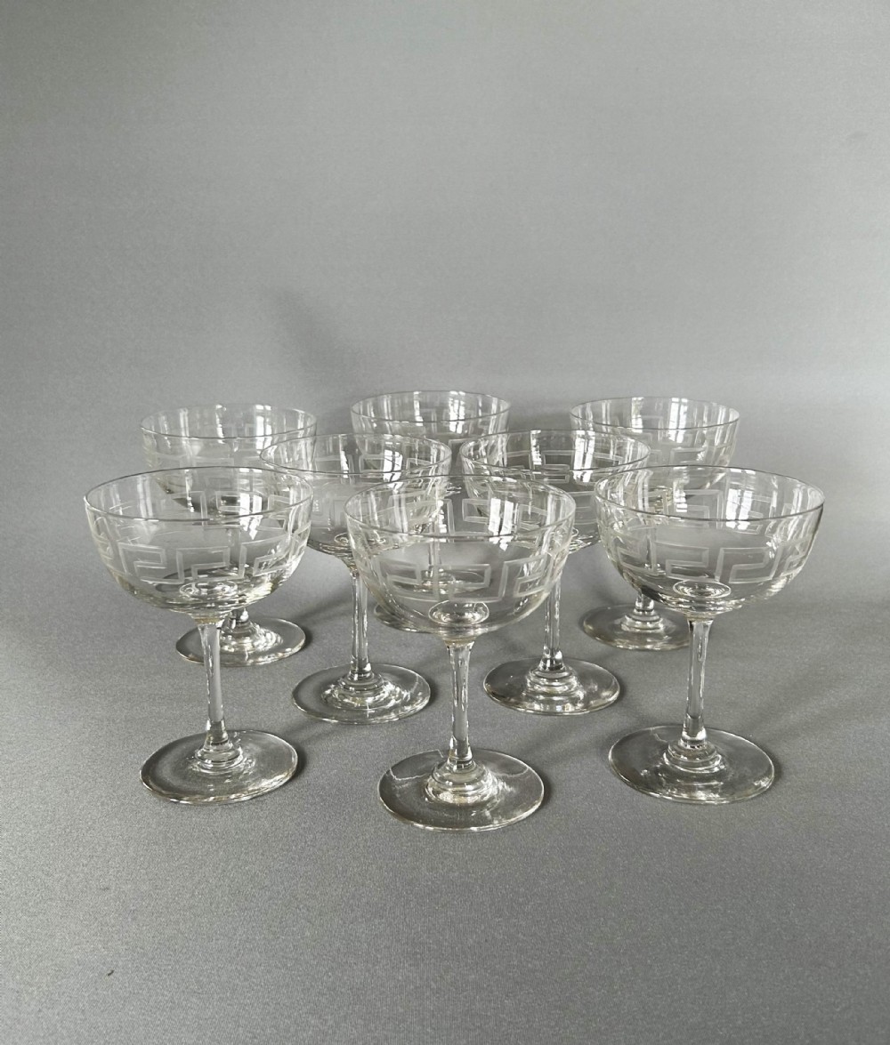 A fine set of 8 Victorian Greek Key etched champagne bowls