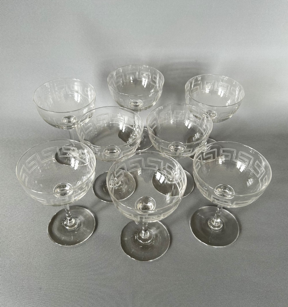 A fine set of 8 Victorian Greek Key etched champagne bowls View II