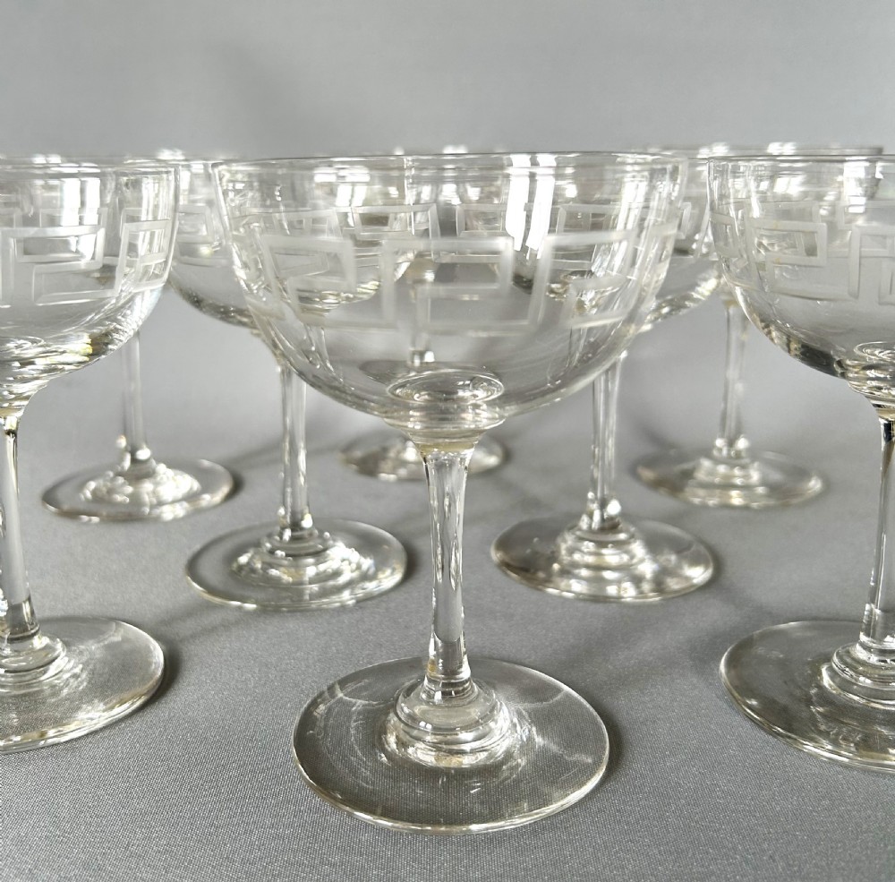 A fine set of 8 Victorian Greek Key etched champagne bowls View IV