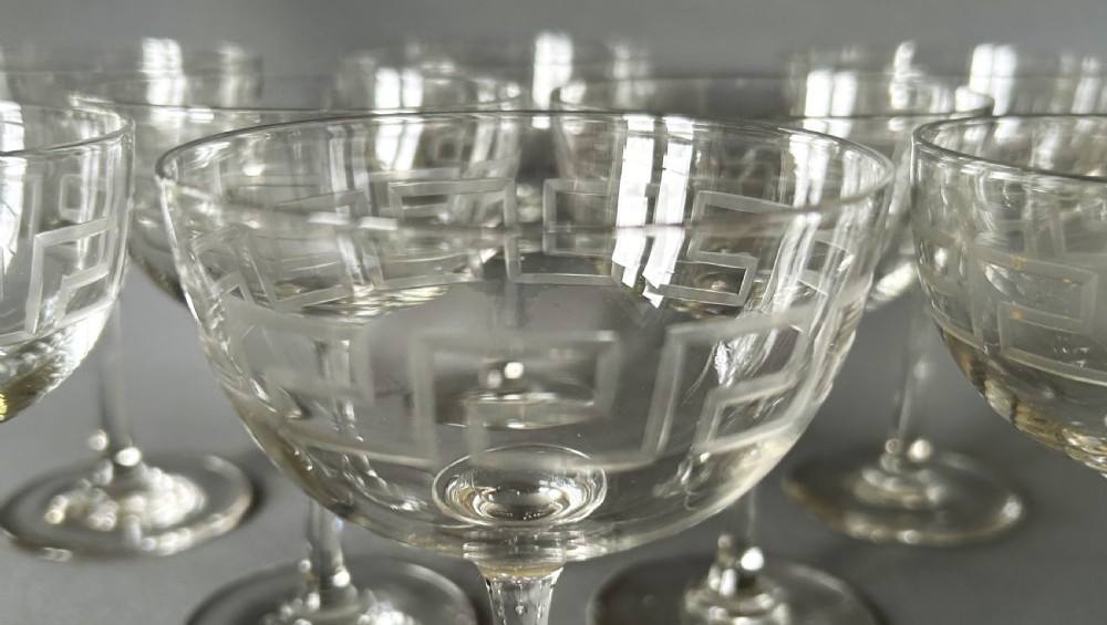 A fine set of 8 Victorian Greek Key etched champagne bowls View V