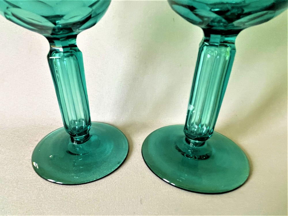 A stunning pair of aqua green Victorian wine glasses View V