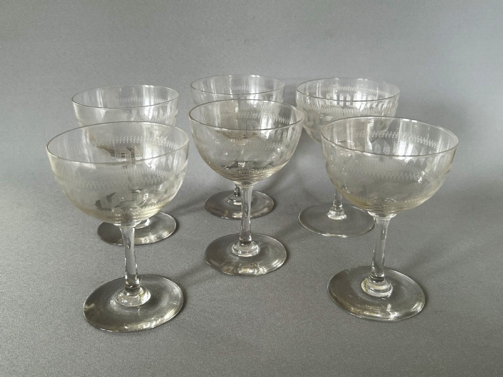 A set of 6 Edwardian Greek Key etched champagne bowls