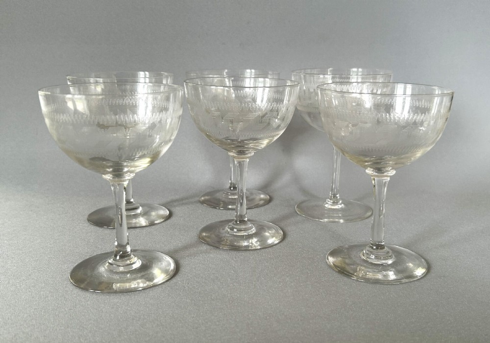 A set of 6 Edwardian Greek Key etched champagne bowls View II