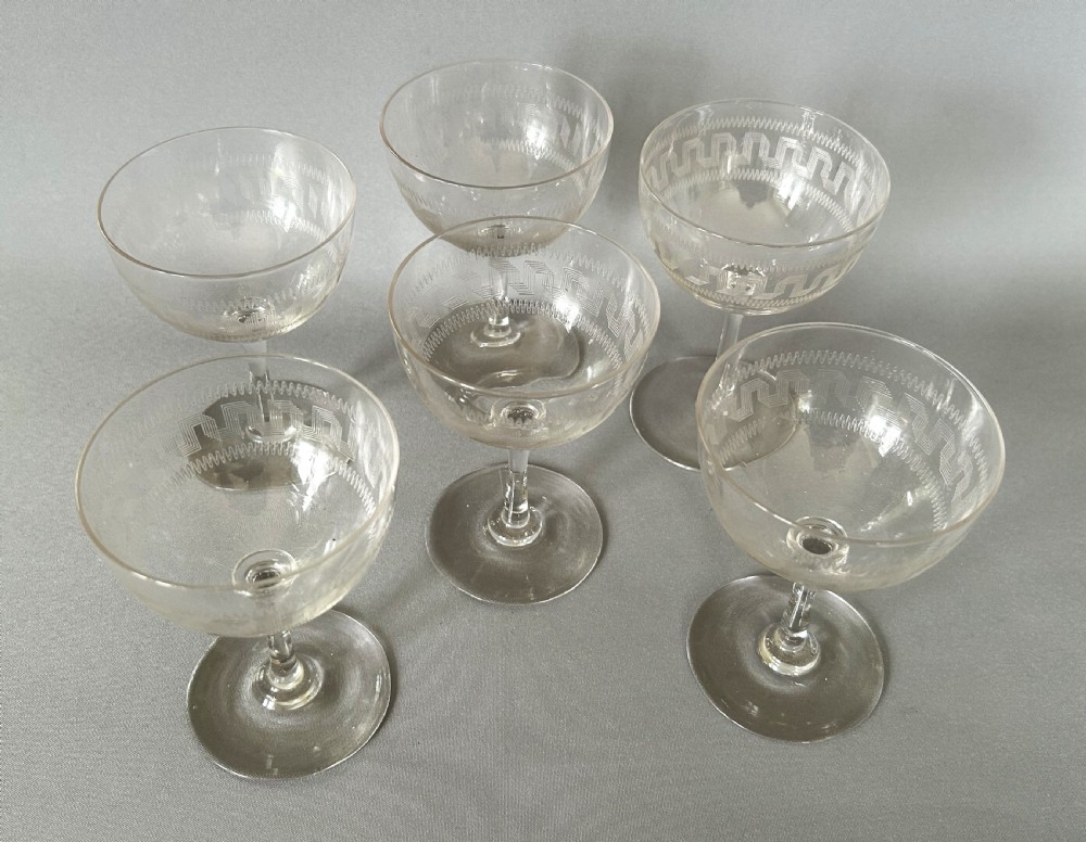 A set of 6 Edwardian Greek Key etched champagne bowls View III