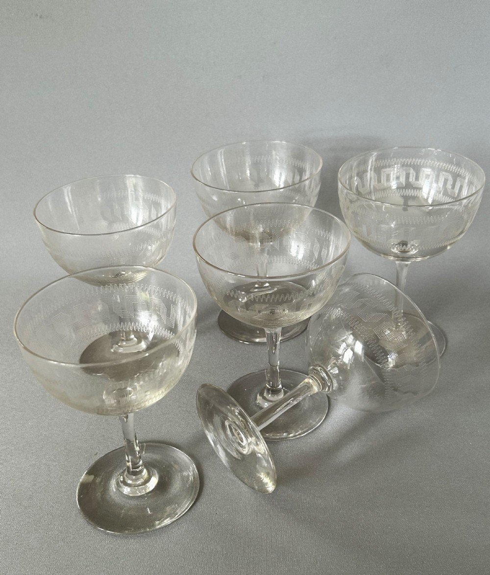 A set of 6 Edwardian Greek Key etched champagne bowls View V