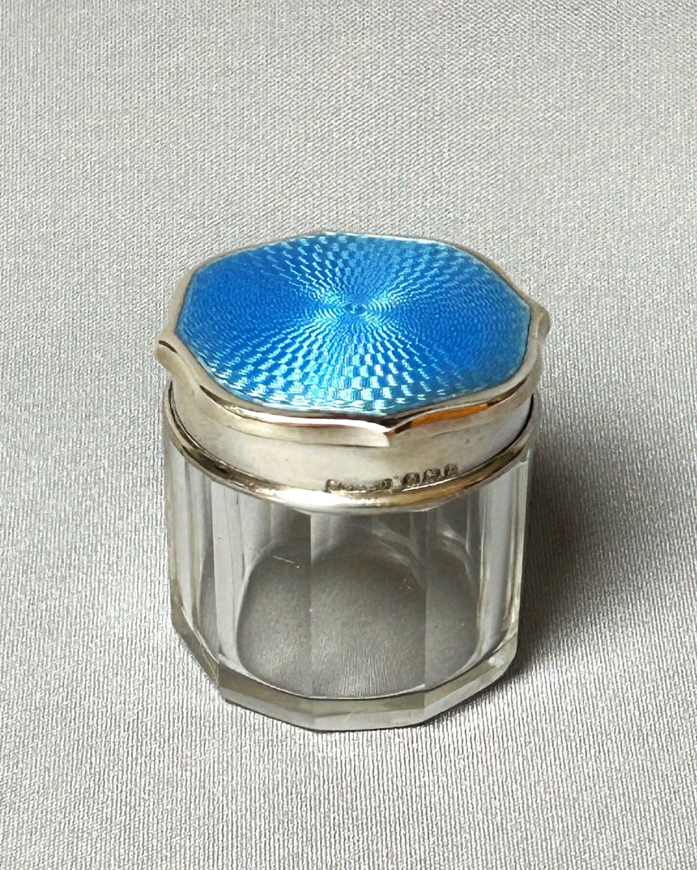 A gorgeous Art Deco silver & guilloche enamel lidded rouge pot