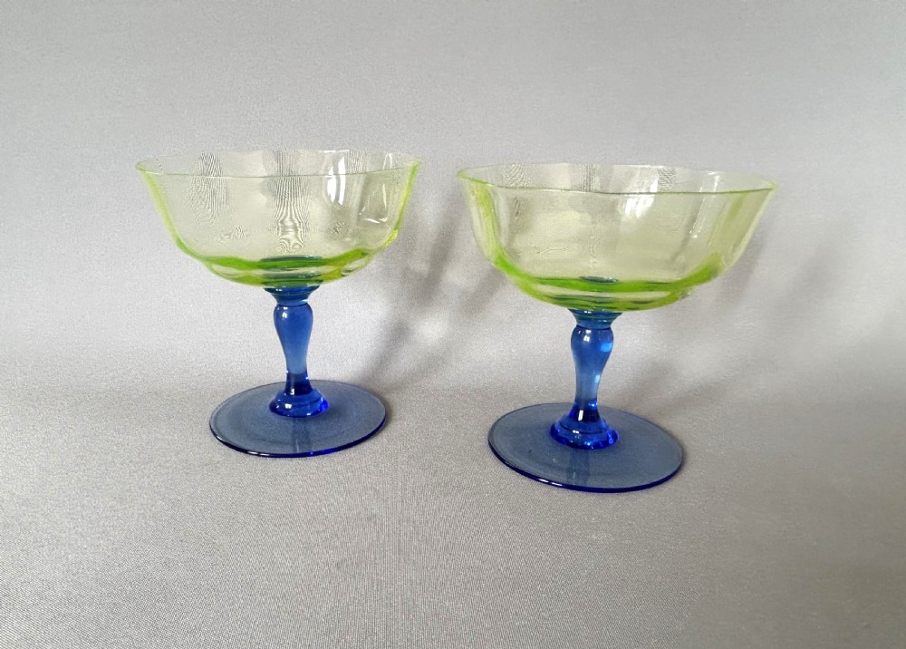 Rare pair of Edwardian uranium champagne bowls View III