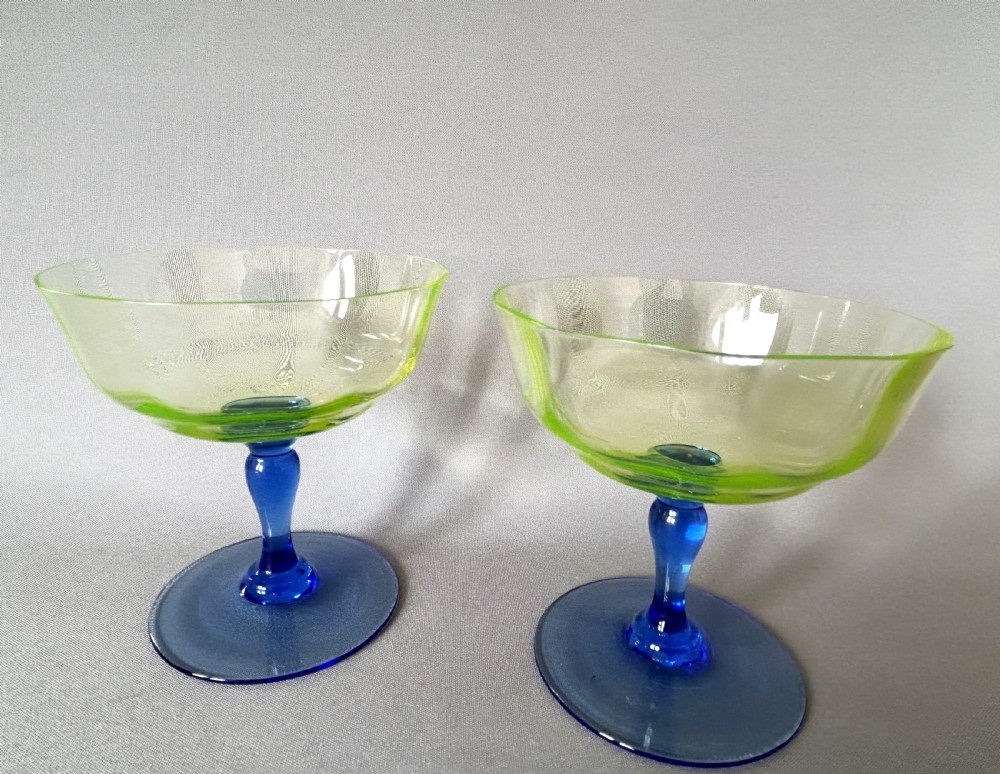 Rare pair of Edwardian uranium champagne bowls View V