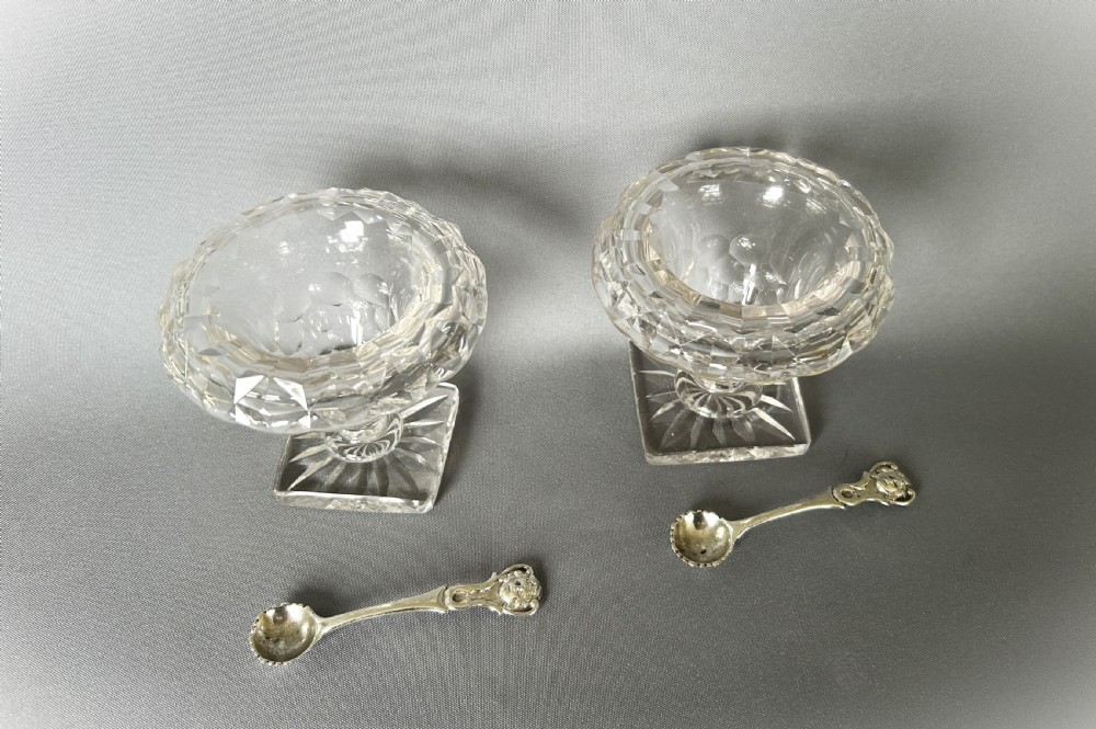 A superb pair of Victorian cut glass condiment bowls & silver spoons View II