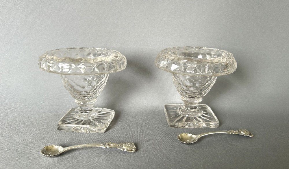 A superb pair of Victorian cut glass condiment bowls & silver spoons View III