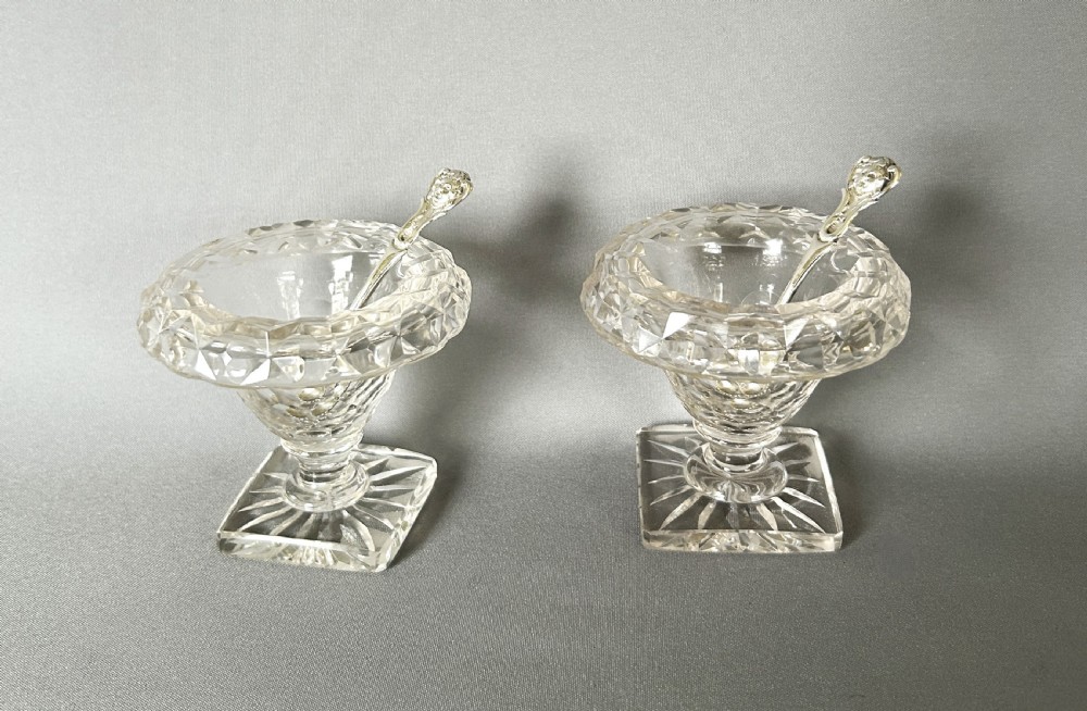 A superb pair of Victorian cut glass condiment bowls & silver spoons View IV