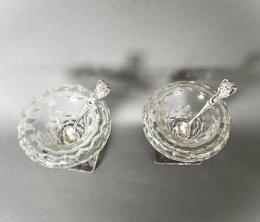 A superb pair of Victorian cut glass condiment bowls & silver spoons View V