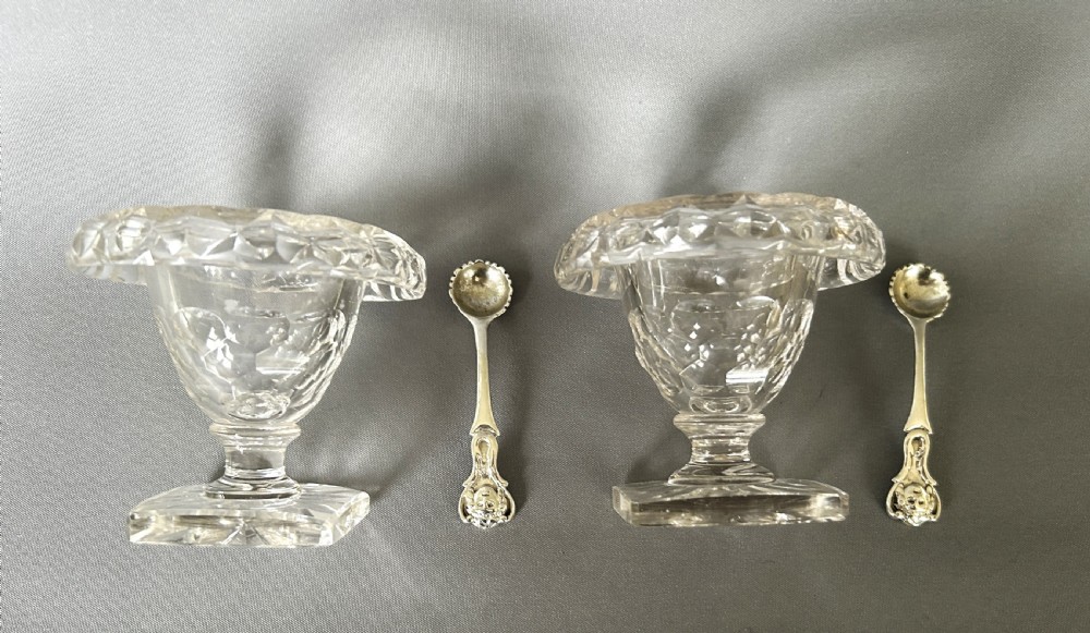 A superb pair of Victorian cut glass condiment bowls & silver spoons View VI