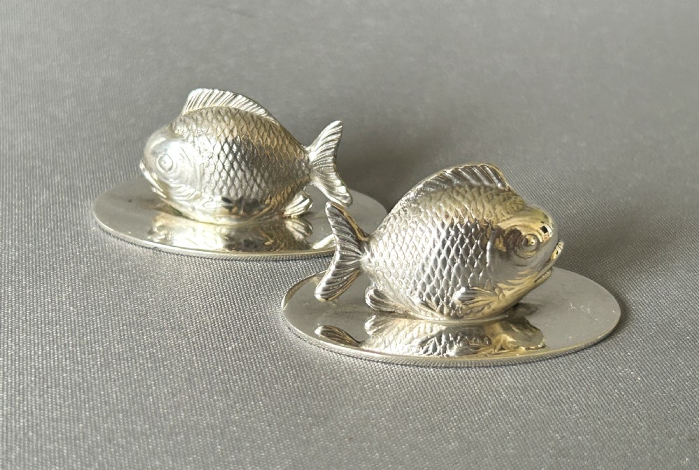 Rare pair of Sampson Morden silver fish menu holders View II
