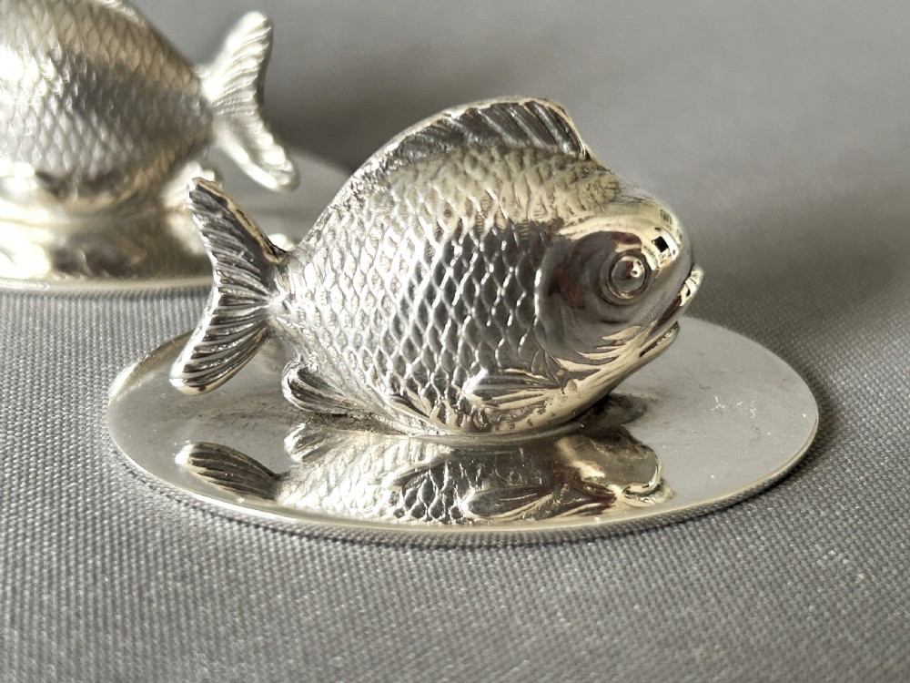 Rare pair of Sampson Morden silver fish menu holders View III
