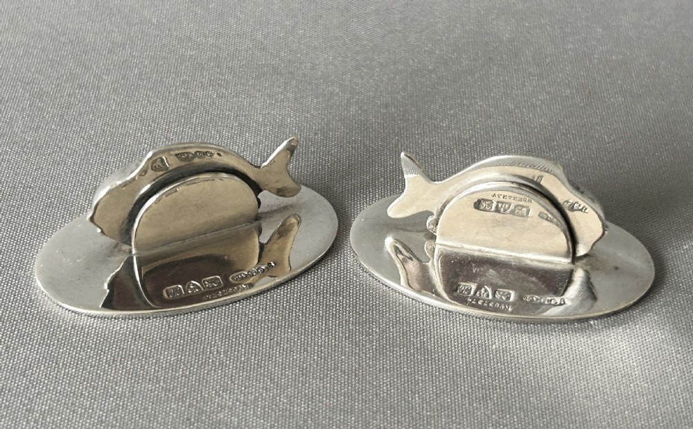 Rare pair of Sampson Morden silver fish menu holders View IV