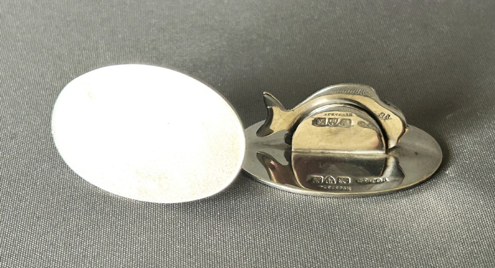 Rare pair of Sampson Morden silver fish menu holders View VI