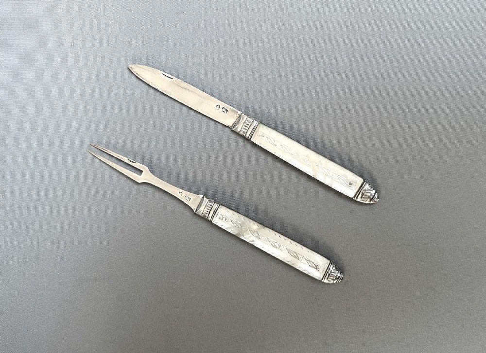 Rare 18th Century silver fruit fork and fruit knife