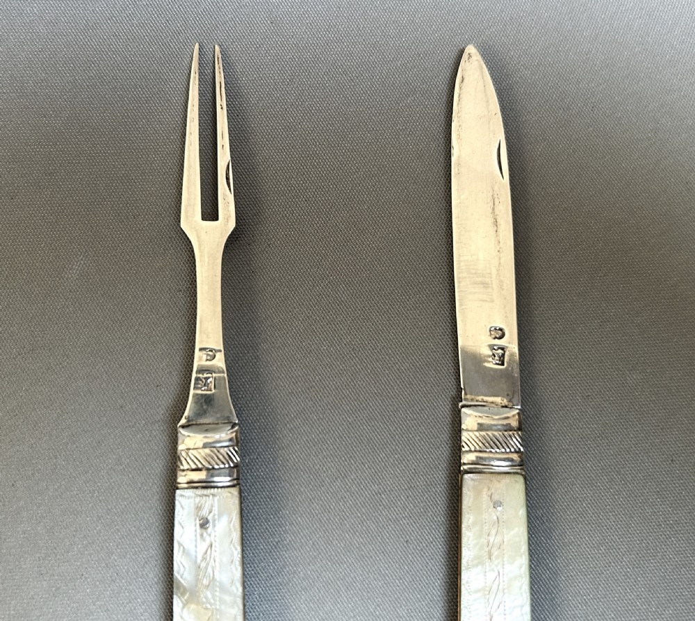 Rare 18th Century silver fruit fork and fruit knife View II
