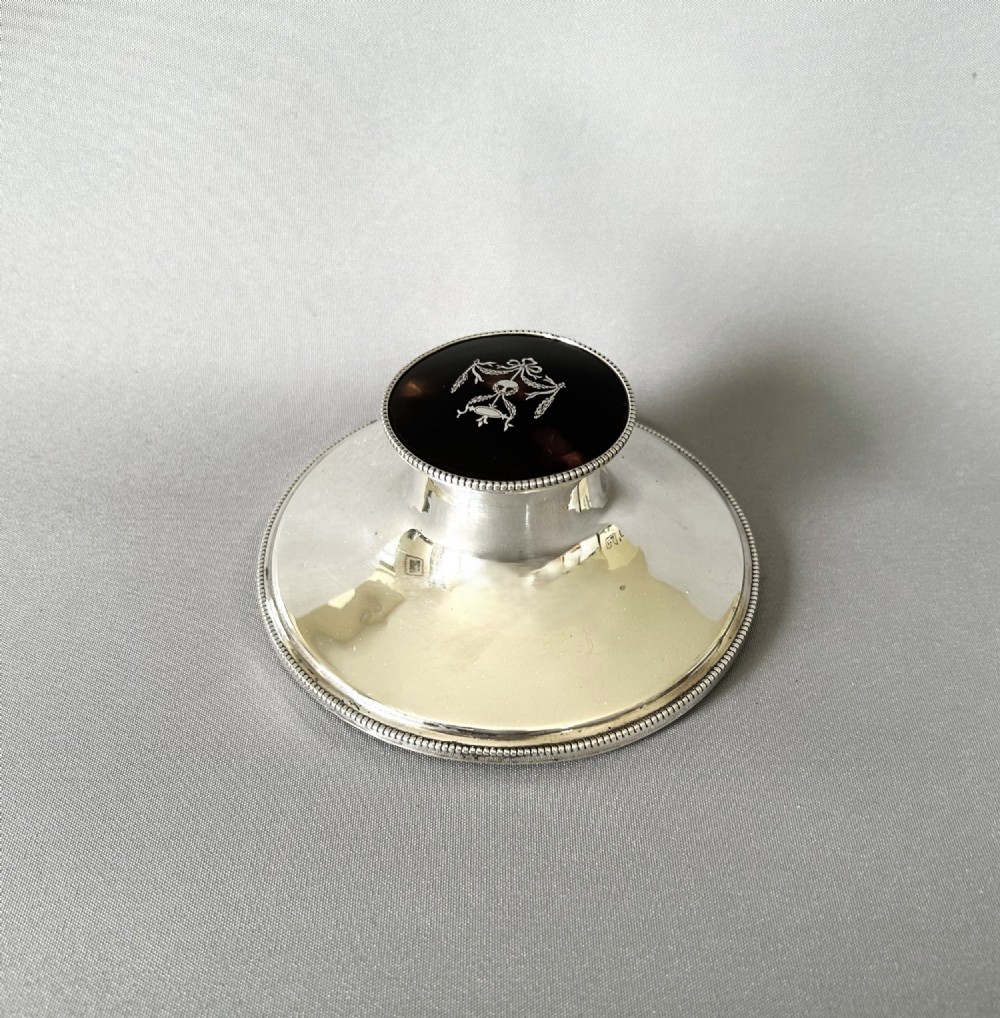 A lovely George V silver & tortoiseshell capstan inkwell