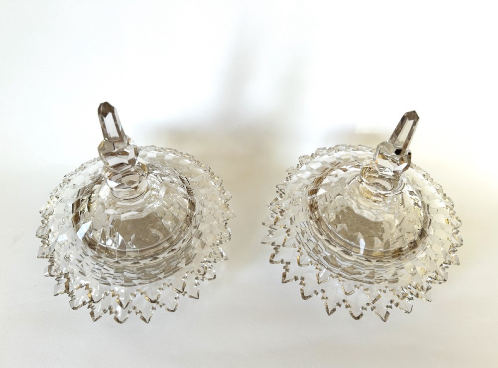 A fabulous pair of Victorian cut glass lidded butter dishes with saucers View II