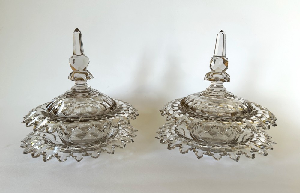 A fabulous pair of Victorian cut glass lidded butter dishes with saucers View III
