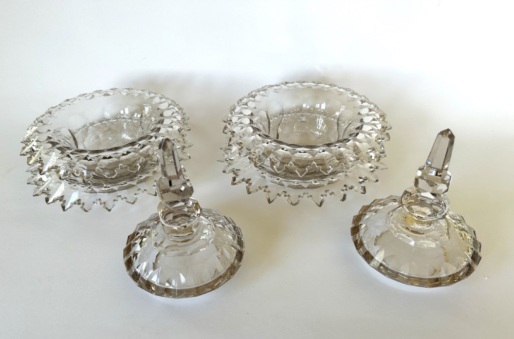 A fabulous pair of Victorian cut glass lidded butter dishes with saucers View IV