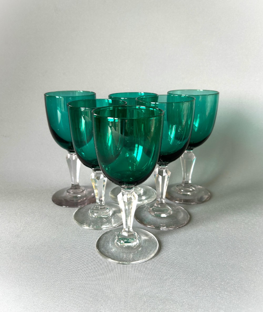 A delightful set of 6 Victorian green bowl wine glasses