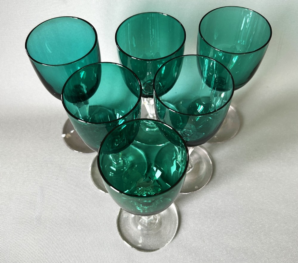 A delightful set of 6 Victorian green bowl wine glasses View V