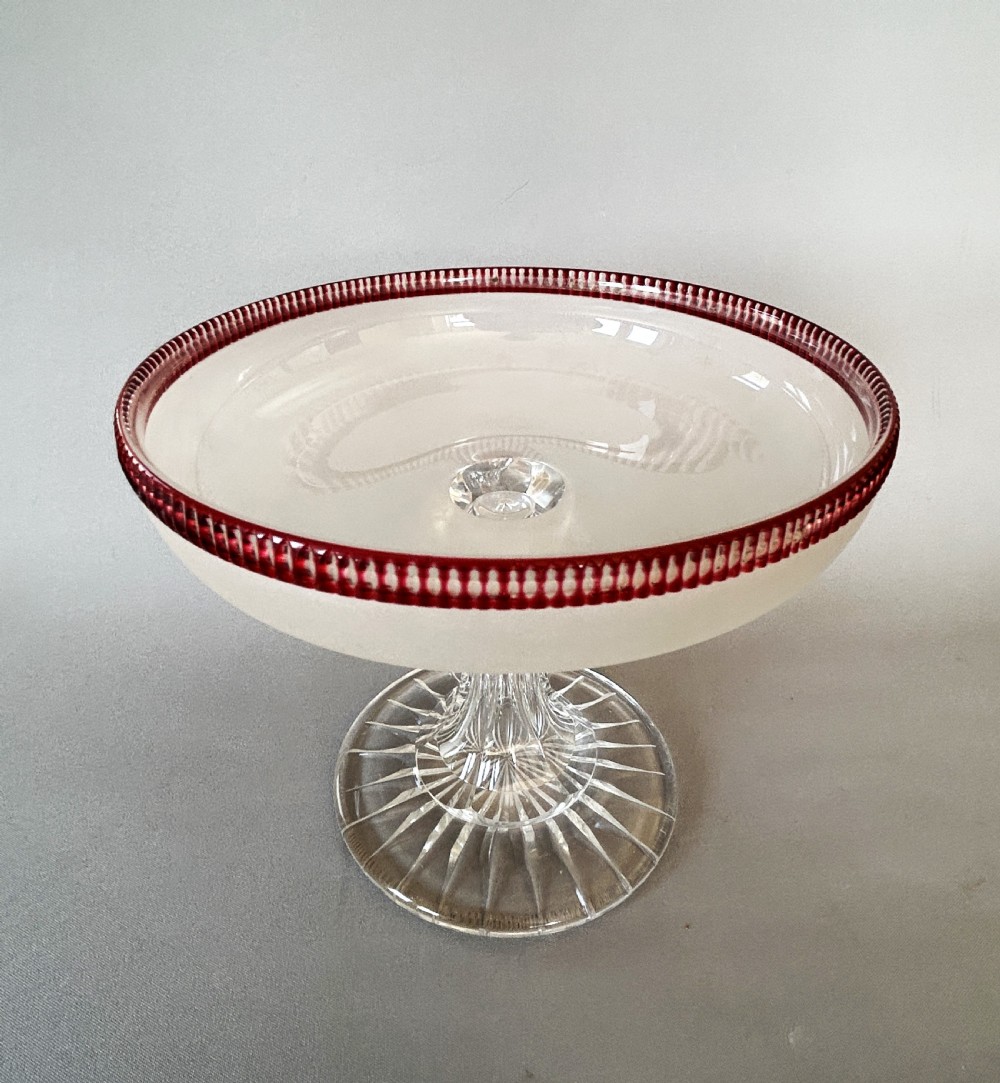A superb Victorian Frosted & cut tazza with cranberry border