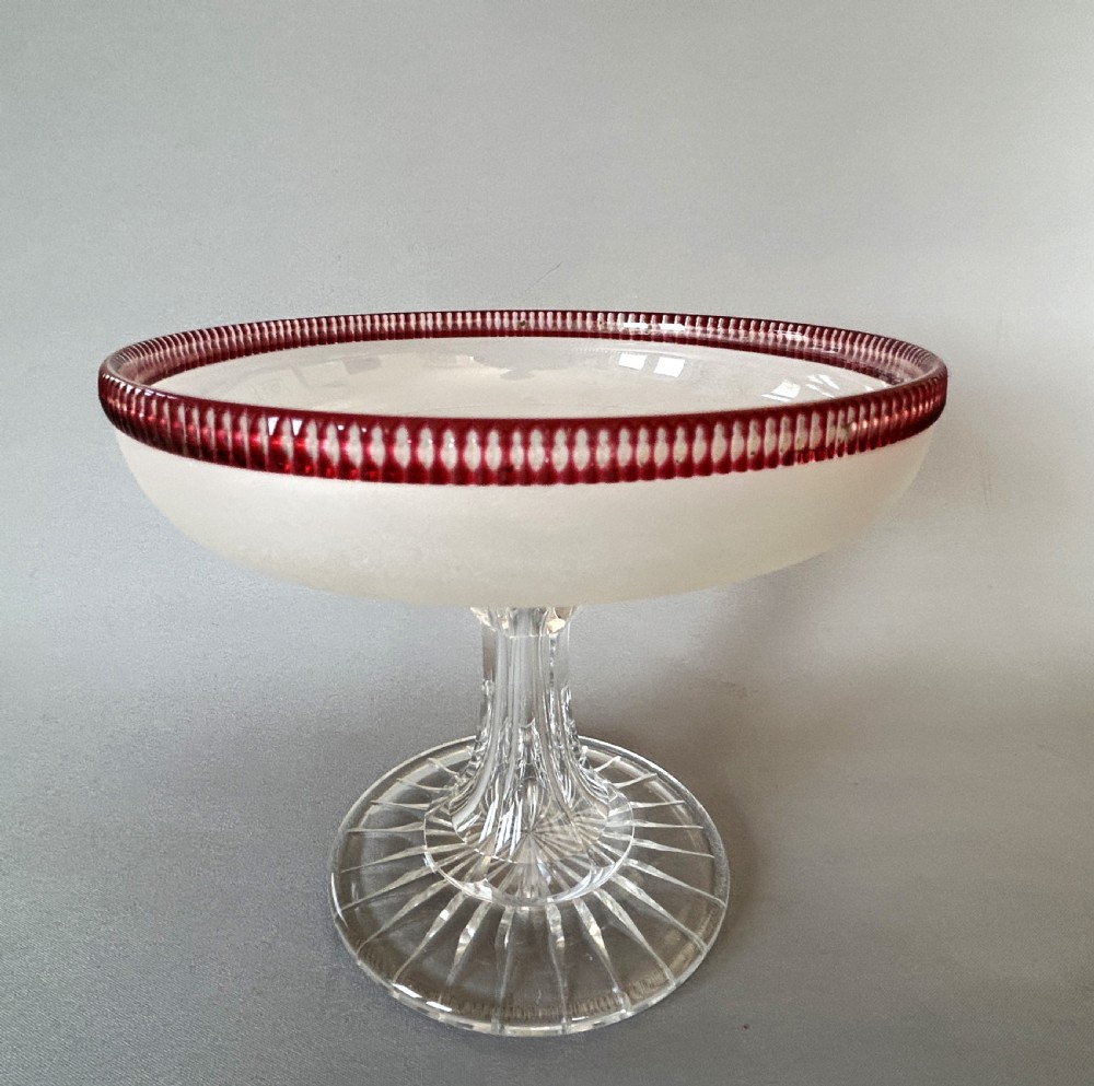 A superb Victorian Frosted & cut tazza with cranberry border View V