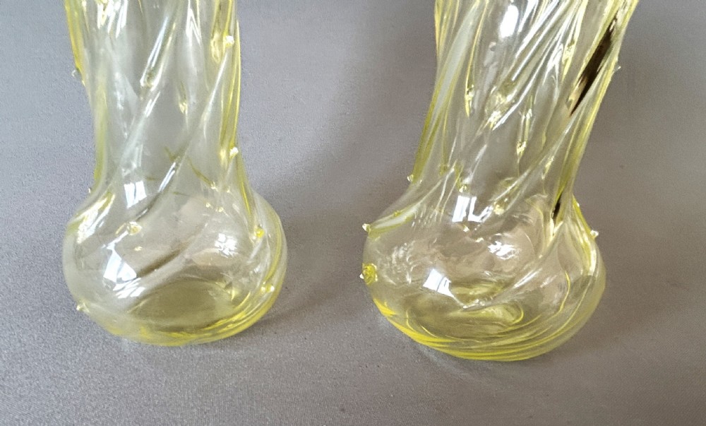 A gorgeous pair of Victorian uranium vaseline glass posy vases View III