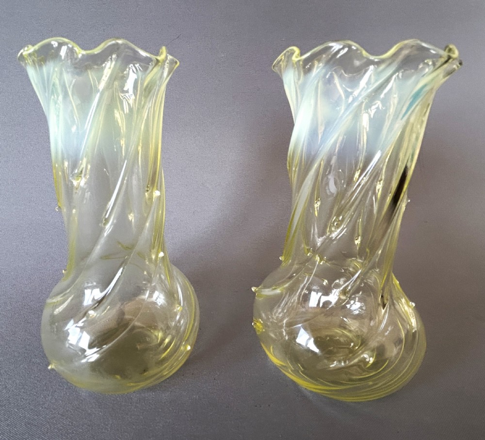 A gorgeous pair of Victorian uranium vaseline glass posy vases View IV